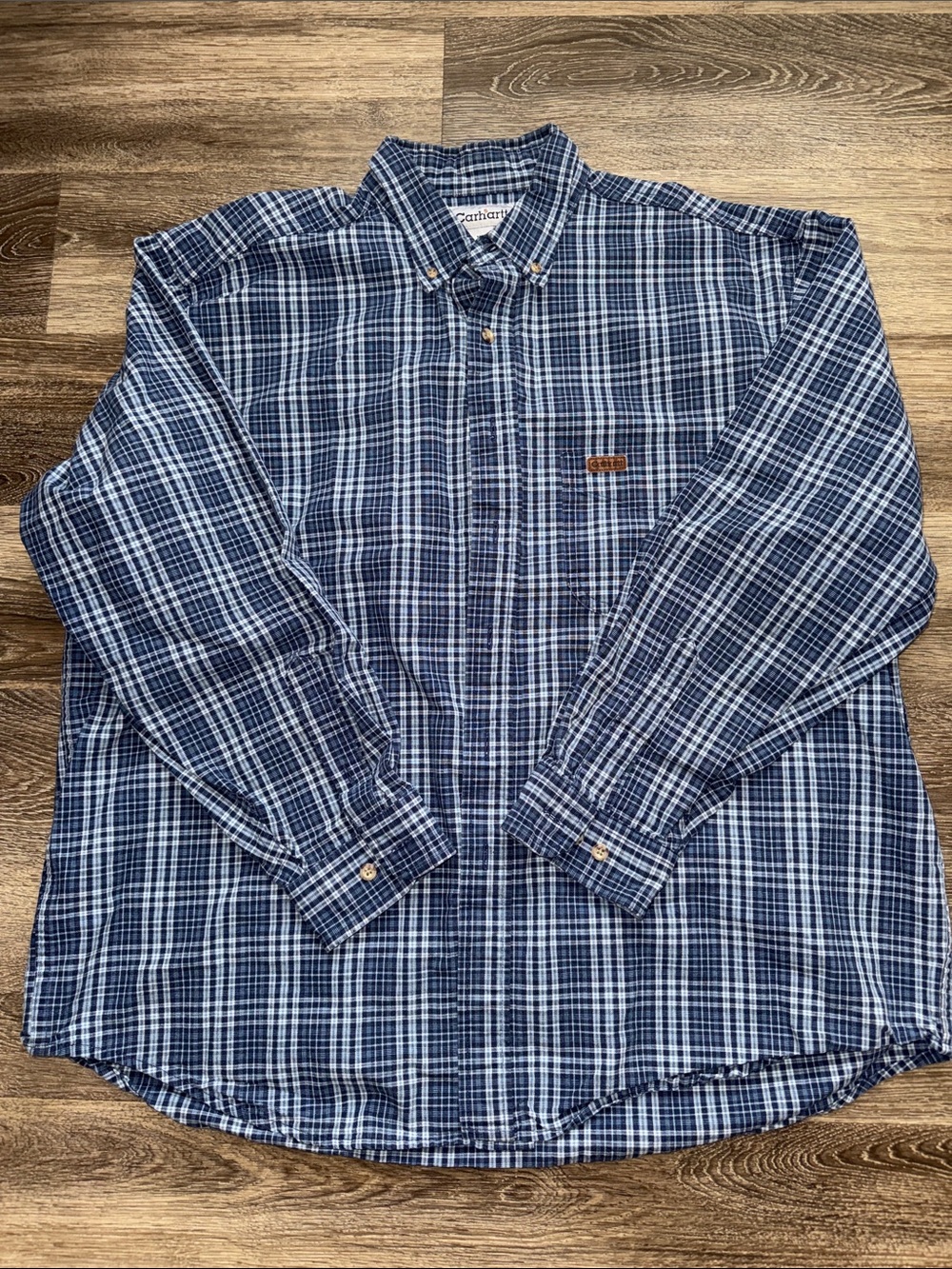 Carhartt Men's Navy and White Plaid Button-Down Shirt